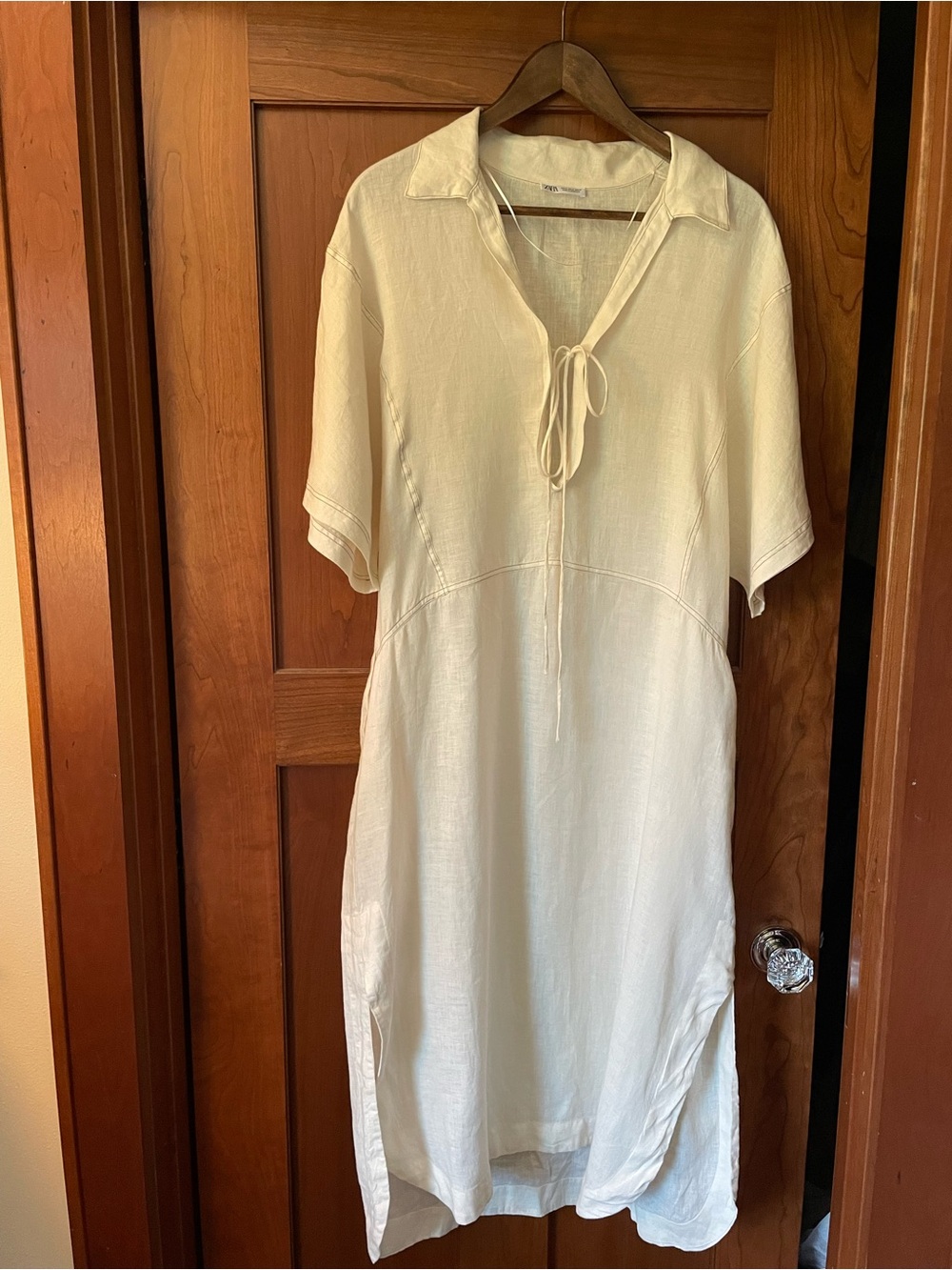 Zara 100% Linen Cream Tie-Front Midi Dress